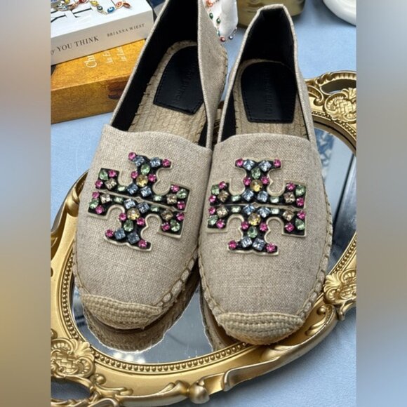 🆕 TORY BURCH 🧿 NWOB Ines Linen & Leather Bejewelled Espadrilles - Sz  9 M - Picture 11 of 13